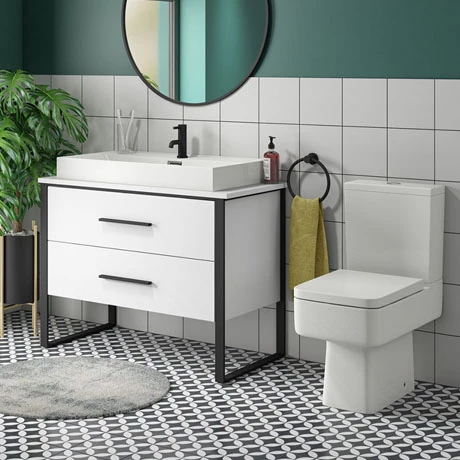 Arezzo 1000 Gloss White Matt Black Framed Vanity Unit + Square Toilet 3 Arezzo 1000 Gloss White Matt Black Framed Vanity Unit + Square Toilet
