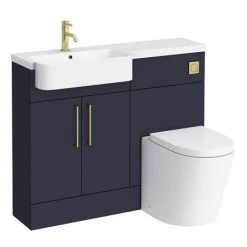 Arezzo 1100 Matt Blue Semi-Recessed Round Combination Vanity Unit (Brushed Brass Flush & Handles) -Cloakroom Suites Shop AZ11BBB d7 460