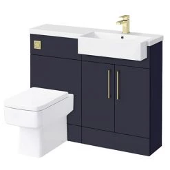 Arezzo 1100 Matt Blue Semi-Recessed Square Combination Vanity Unit (Brushed Brass Flush & Handles)