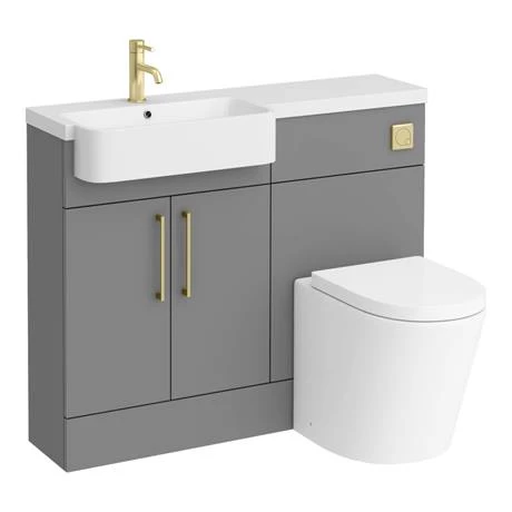 Arezzo 1100 Matt Grey Semi-Recessed Round Combination Vanity Unit (Brushed Brass Flush & Handles) 7 Arezzo 1100 Matt Grey Semi-Recessed Round Combination Vanity Unit (Brushed Brass Flush & Handles) - Image 5
