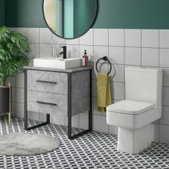 Arezzo 600 Concrete-Effect Matt Black Framed Vanity Unit + Square Toilet