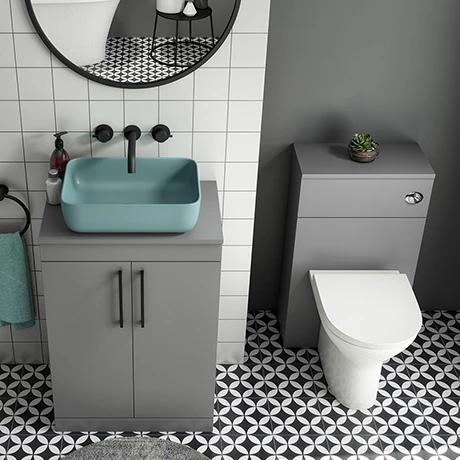 Arezzo 600 Grey Floor Standing Unit with Green Rectangular Counter Top Basin + Toilet Pack 3 Arezzo 600 Grey Floor Standing Unit with Green Rectangular Counter Top Basin + Toilet Pack