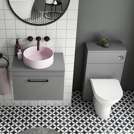 Arezzo 600 Grey Wall Hung Unit with Pink Round Counter Top Basin + Toilet Pack 3 Arezzo 600 Grey Wall Hung Unit with Pink Round Counter Top Basin + Toilet Pack