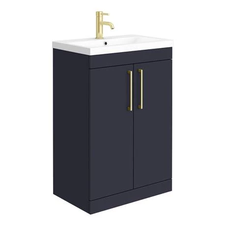 Arezzo Blue Floor Standing Vanity Unit, Tall Cabinet + Toilet Pack with Brass Handles 4 Arezzo Blue Floor Standing Vanity Unit, Tall Cabinet + Toilet Pack with Brass Handles - Image 2