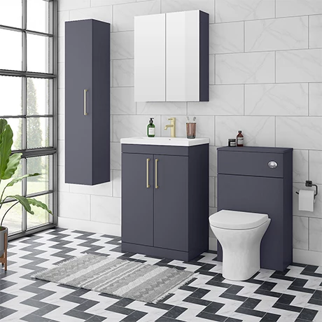 Arezzo Blue Floor Standing Vanity Unit, Tall Cabinet + Toilet Pack with Brass Handles 3 Arezzo Blue Floor Standing Vanity Unit, Tall Cabinet + Toilet Pack with Brass Handles