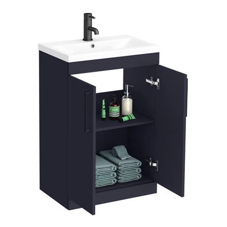 Arezzo Blue Floor Standing Vanity Unit, Tall Cabinet + Toilet Pack with Black Handles 4 Arezzo Blue Floor Standing Vanity Unit, Tall Cabinet + Toilet Pack with Black Handles - Image 2