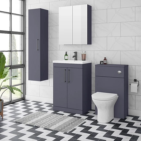 Arezzo Blue Floor Standing Vanity Unit, Tall Cabinet + Toilet Pack with Black Handles 3 Arezzo Blue Floor Standing Vanity Unit, Tall Cabinet + Toilet Pack with Black Handles