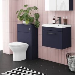 Arezzo Blue Wall Hung Sink Vanity Unit + Toilet Package with Matt Black Handle