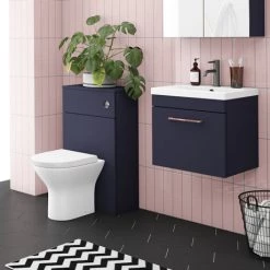 Arezzo Blue Wall Hung Sink Vanity Unit + Toilet Package with Rose Gold Handle