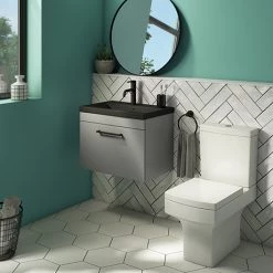 Arezzo 600 Matt Grey Wall Hung Vanity Unit with Matt Black Basin + Square Toilet