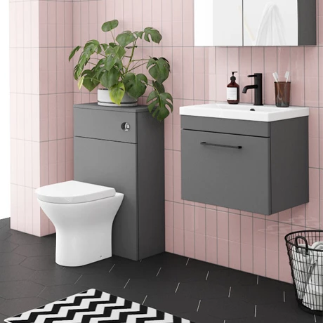 Arezzo Grey Wall Hung Sink Vanity Unit + Toilet Package with Matt Black Handle 3 Arezzo Grey Wall Hung Sink Vanity Unit + Toilet Package with Matt Black Handle