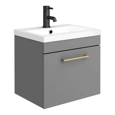 Arezzo Grey Wall Hung Sink Vanity Unit + Toilet Package with Brass Handle 4 Arezzo Grey Wall Hung Sink Vanity Unit + Toilet Package with Brass Handle - Image 2