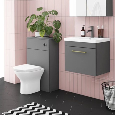 Arezzo Grey Wall Hung Sink Vanity Unit + Toilet Package with Brass Handle 3 Arezzo Grey Wall Hung Sink Vanity Unit + Toilet Package with Brass Handle