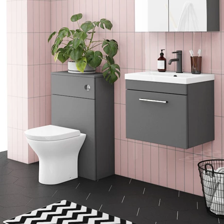Arezzo Grey Wall Hung Sink Vanity Unit + Toilet Package with Chrome Handle 3 Arezzo Grey Wall Hung Sink Vanity Unit + Toilet Package with Chrome Handle