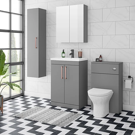 Arezzo Grey Floor Standing Vanity Unit, Tall Cabinet + Toilet Pack with Rose Gold Handles 3 Arezzo Grey Floor Standing Vanity Unit, Tall Cabinet + Toilet Pack with Rose Gold Handles