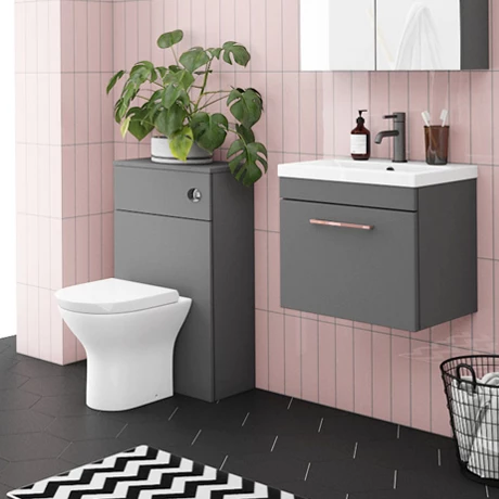 Arezzo Grey Wall Hung Sink Vanity Unit + Toilet Package with Rose Gold Handle 3 Arezzo Grey Wall Hung Sink Vanity Unit + Toilet Package with Rose Gold Handle