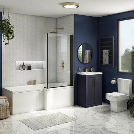 Arezzo L-Shaped Shower Bath Suite - 1700mm with Blue Vanity Unit + Square Toilet 3 Arezzo L-Shaped Shower Bath Suite - 1700mm with Blue Vanity Unit + Square Toilet