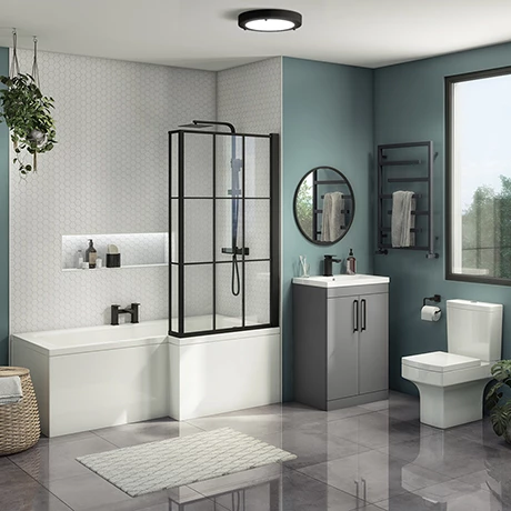 Arezzo L-Shaped Shower Bath Suite - 1700mm with Grey Vanity Unit + Square Toilet 3 Arezzo L-Shaped Shower Bath Suite - 1700mm with Grey Vanity Unit + Square Toilet