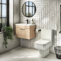 Brooklyn Bathroom Suite - Natural Oak with Chrome Handle - 500mm Wall Hung Vanity & Toilet