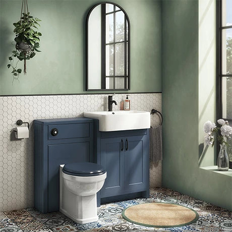 Chatsworth Traditional Blue Semi-Recessed Vanity Unit w. Matt Black Handles + Toilet Package 3 Chatsworth Traditional Blue Semi-Recessed Vanity Unit w. Matt Black Handles + Toilet Package