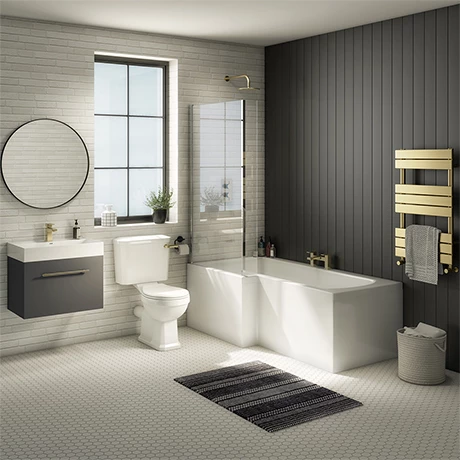 Valencia Bathroom Suite (Toilet, Grey Vanity with Brass Handle, L-Shaped Bath + Screen) 3 Valencia Bathroom Suite (Toilet, Grey Vanity with Brass Handle, L-Shaped Bath + Screen)