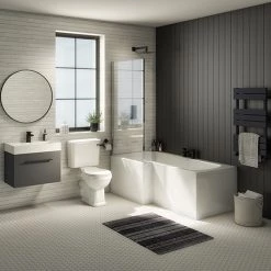 Valencia Bathroom Suite (Toilet, Grey Vanity with Black Handle, L-Shaped Bath + Screen)