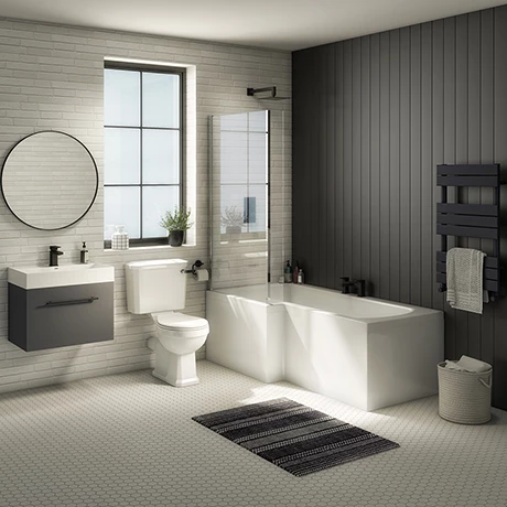 Valencia Bathroom Suite (Toilet, Grey Vanity with Black Handle, L-Shaped Bath + Screen) 3 Valencia Bathroom Suite (Toilet, Grey Vanity with Black Handle, L-Shaped Bath + Screen)