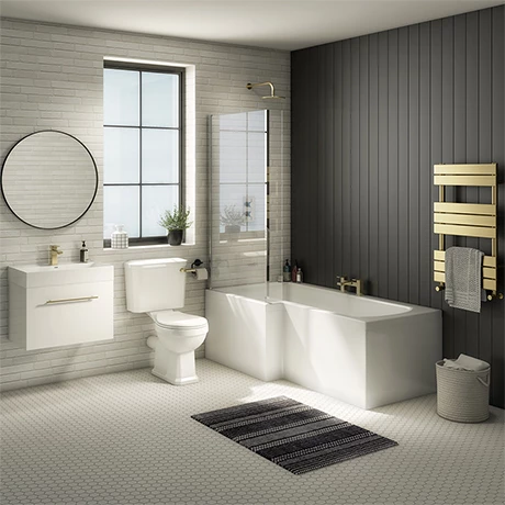 Valencia Bathroom Suite (Toilet, White Vanity with Brass Handle, L-Shaped Bath + Screen) 3 Valencia Bathroom Suite (Toilet, White Vanity with Brass Handle, L-Shaped Bath + Screen)