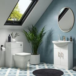 Venice 560mm Gloss White Vanity Unit with Brushed Brass Handles + Toilet Package